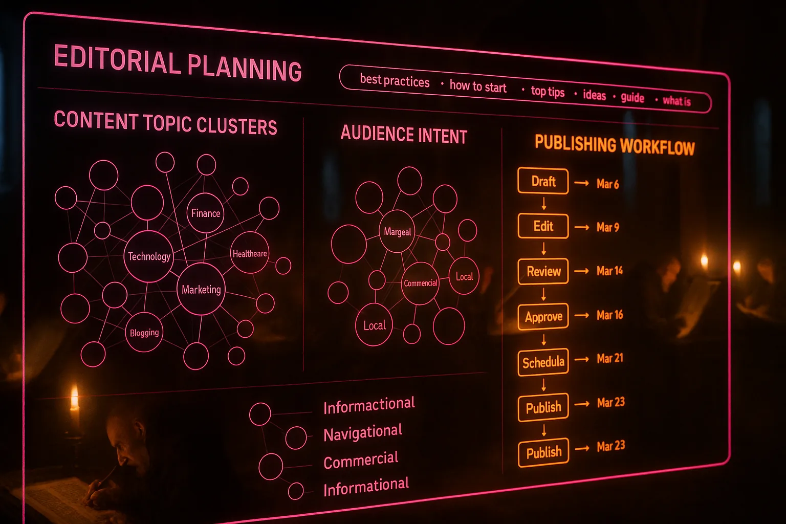 A neon magenta and orange holographic editorial dashboard showing content topic clusters and publishing timelines, with a softly blurred medieval scriptorium where monks copy manuscripts visible behind the glowing panels.