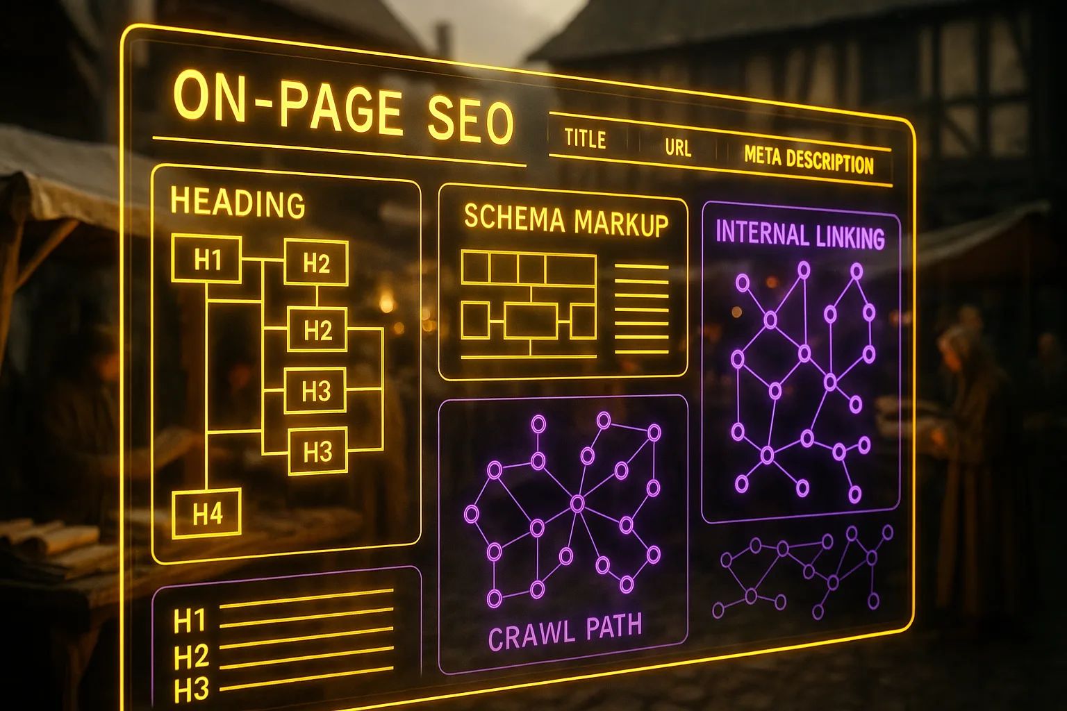 A neon yellow and purple holographic on-page SEO dashboard displaying heading hierarchies, schema markup, and internal linking maps, with a softly blurred medieval market square where merchants exchange documents visible in the background.