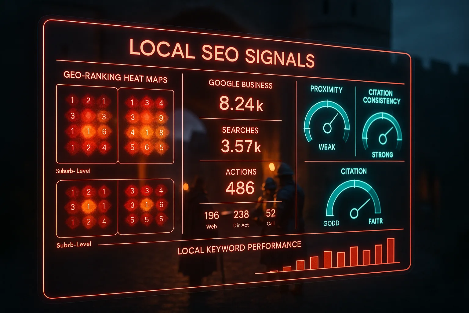A neon red and cyan holographic local SEO dashboard displaying suburb-level geo-ranking heat maps, citation trackers, and proximity signals, with a softly blurred medieval city gate where guards check travellers' documents visible behind the panels.
