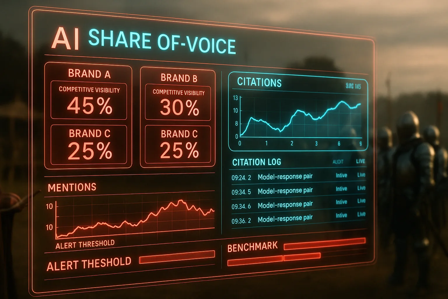 A red and cyan neon holographic share-of-voice measurement dashboard dominates the frame while a blurred medieval tournament field shows a herald recording competitor names in the background.