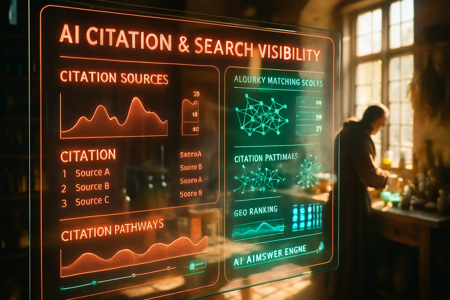 A neon coral and turquoise holographic dashboard illustrating AI search visibility and GEO citation strategies glowing in front of a bright sunlit medieval apothecary workshop.