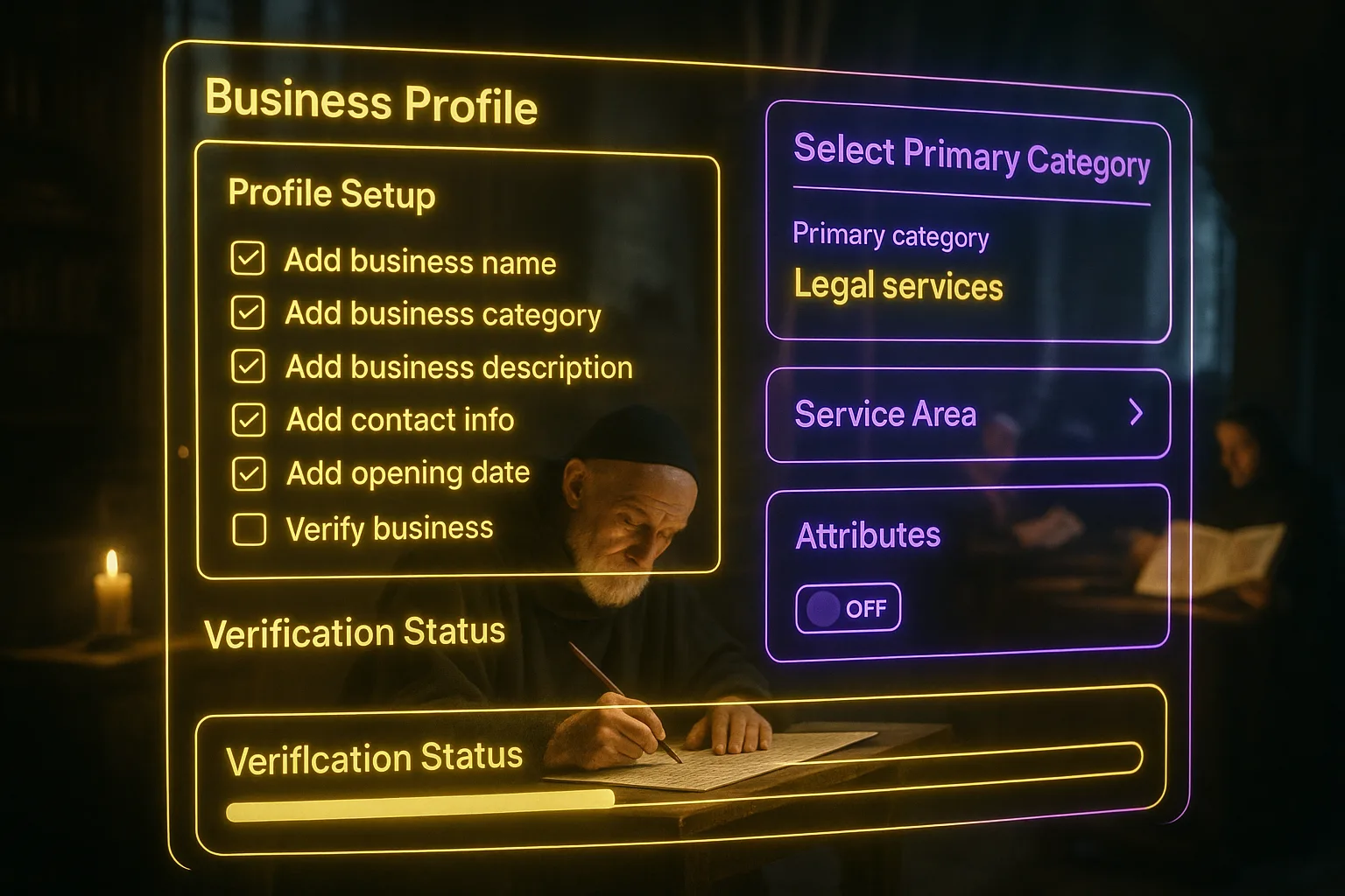 A neon yellow and purple holographic business profile setup dashboard with category selectors and verification progress bars glowing over a softly blurred medieval scriptorium where monks inscribe legal charters by lamp light.