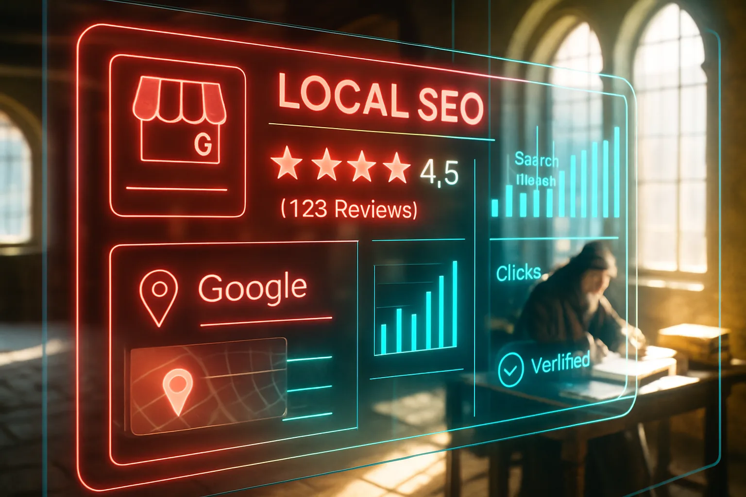 A neon holographic Google Business Profile conveyancing dashboard glowing in crimson and teal over a bright sunlit medieval counting house.