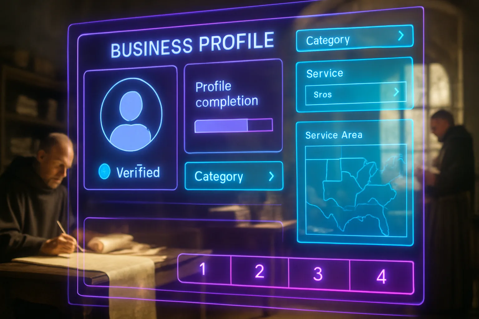 A neon holographic business profile setup dashboard glowing with violet, turquoise, and magenta panels, with a sun-drenched medieval scriptorium and monks writing scrolls softly visible behind the screens.