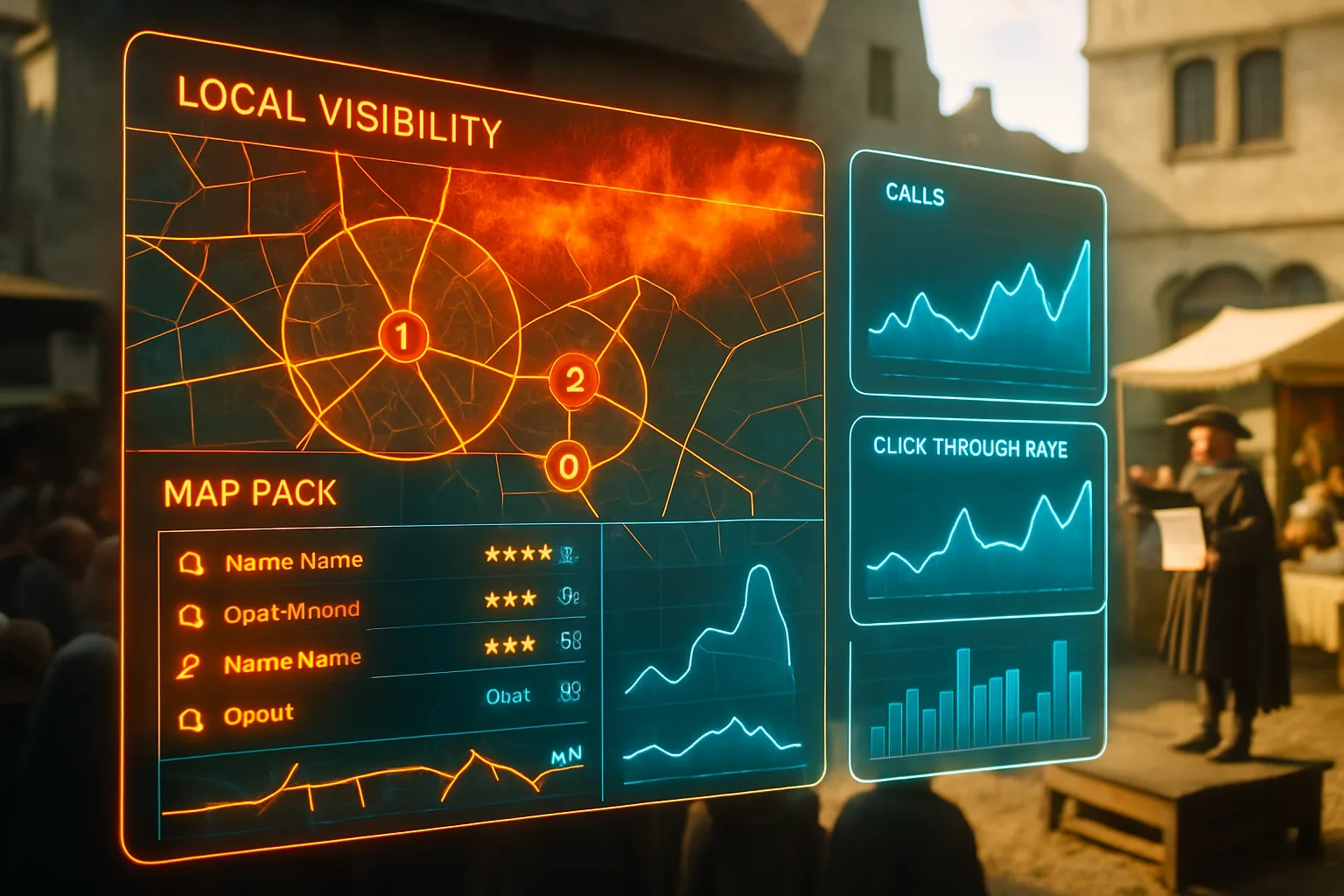 A neon holographic local map pack analytics dashboard glowing with orange, cyan, and red tones, with a sun-filled medieval market square and a town crier addressing a crowd softly blurred behind the panels.