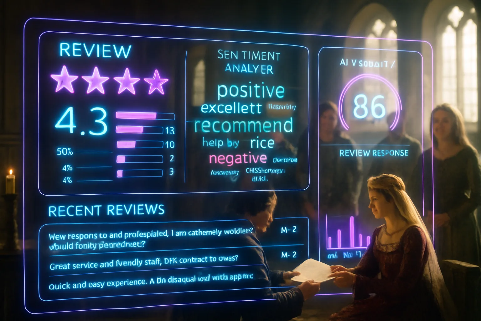 A neon holographic review and reputation dashboard glowing with magenta, purple, and electric blue panels, with a bright sunlit medieval great hall and a noblewoman receiving a written testimonial softly visible behind the screens.