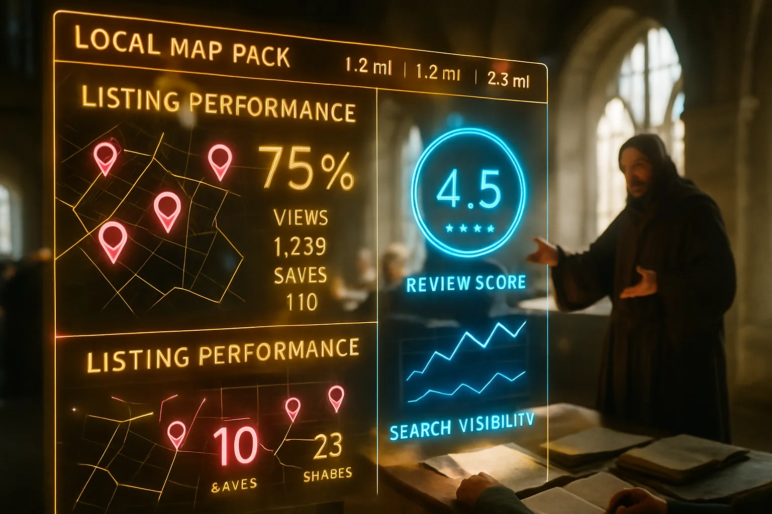 A neon holographic Google Business Profile estate agents dashboard glowing with hot pink, electric blue, and amber gold panels, with a sunlit medieval guild hall visible softly behind the screens.