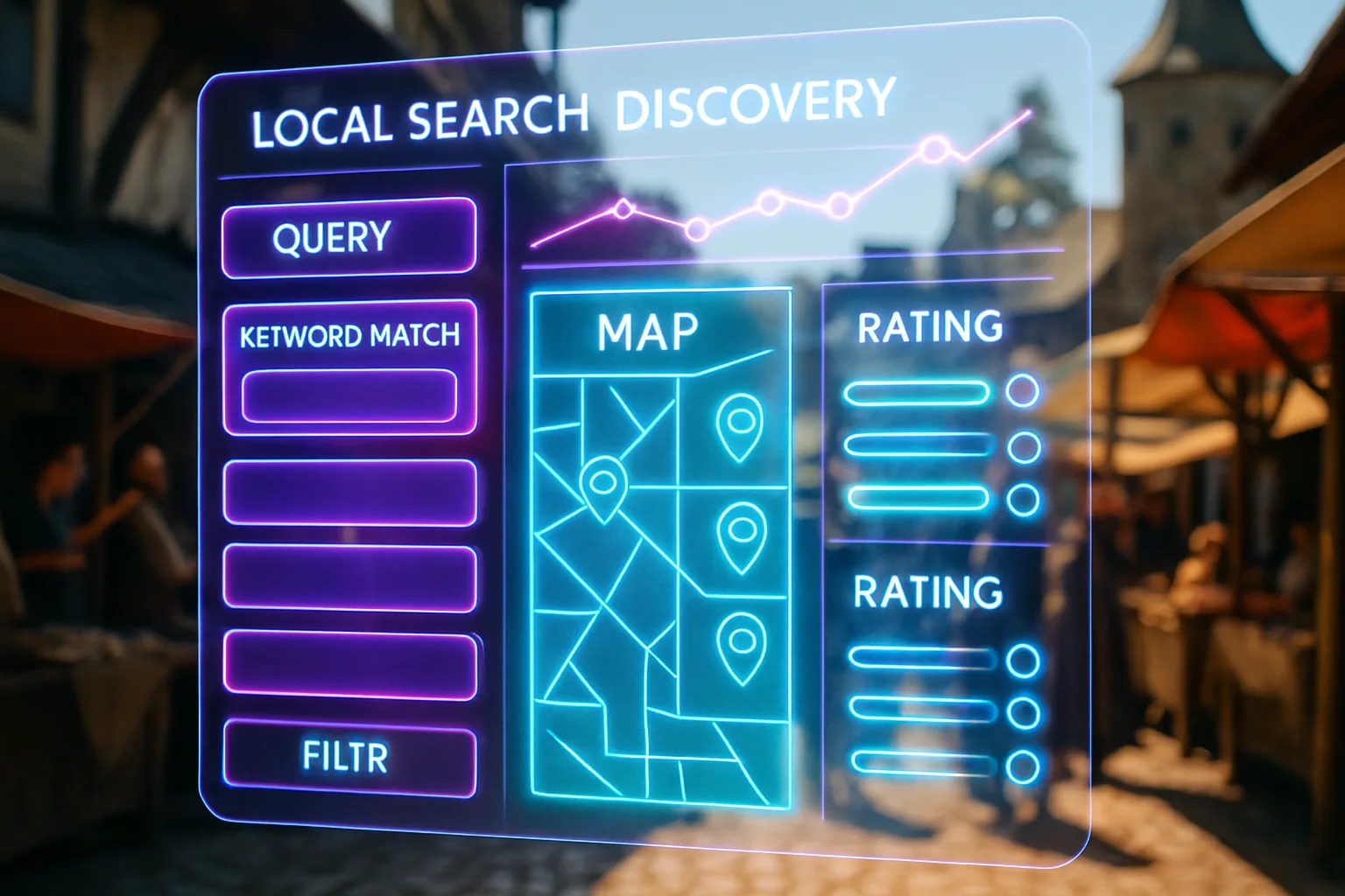 A vivid violet and turquoise holographic local search dashboard fills the frame with map rankings and query panels while a bright sunlit medieval market square buzzes with merchant activity in the soft background.