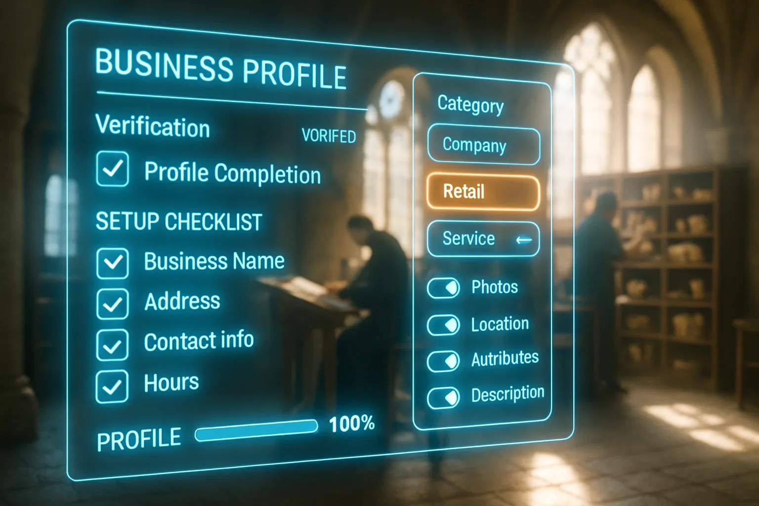 A neon cyan and orange holographic profile setup dashboard with verification checklists and category selectors dominates the frame while a brightly lit medieval scriptorium with scribes at work appears softly blurred behind the glowing panels.