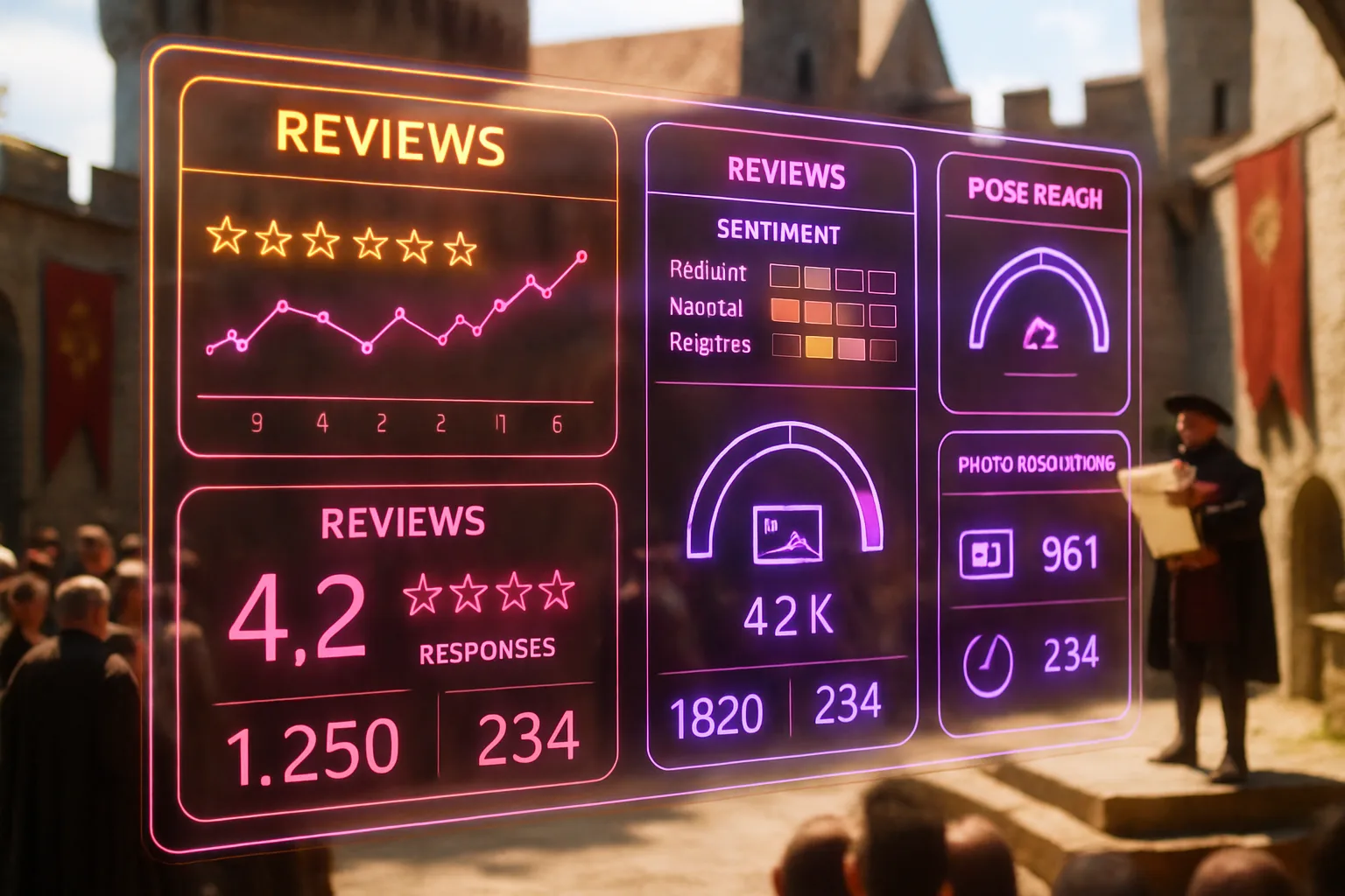 A neon magenta and amber holographic reviews and content dashboard with star ratings, photo counters, and Q&A panels fills the frame while a sunlit medieval castle courtyard with a herald addressing a crowd glows softly in the background.