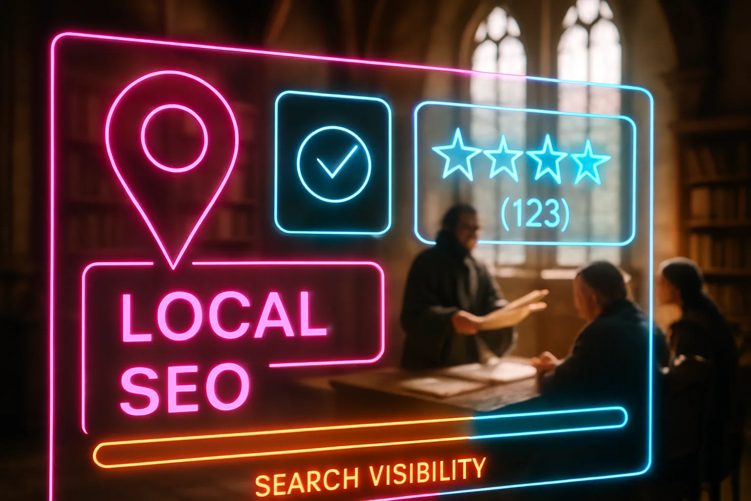 A neon holographic Google Business Profile financial advisors dashboard glows in the foreground with location maps, star ratings, and search visibility metrics while a sunlit medieval guild hall scene plays out softly behind it.