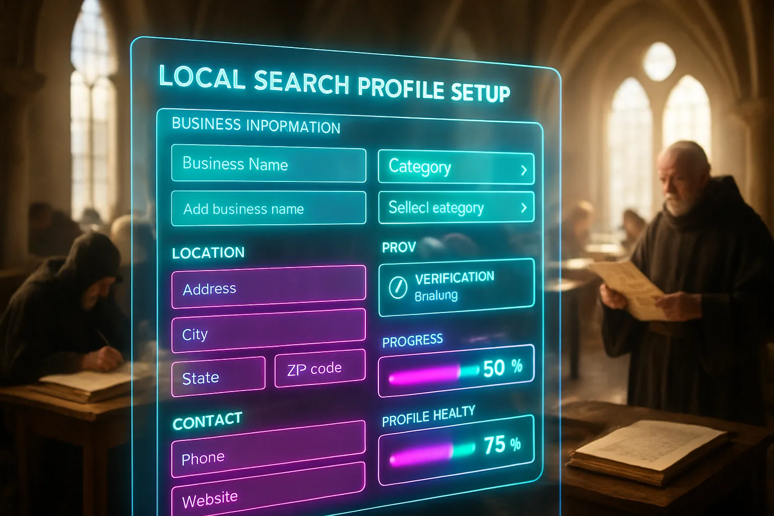 A neon holographic local business profile setup interface glows over a bright medieval scriptorium where robed scribes inscribe manuscripts in natural daylight.