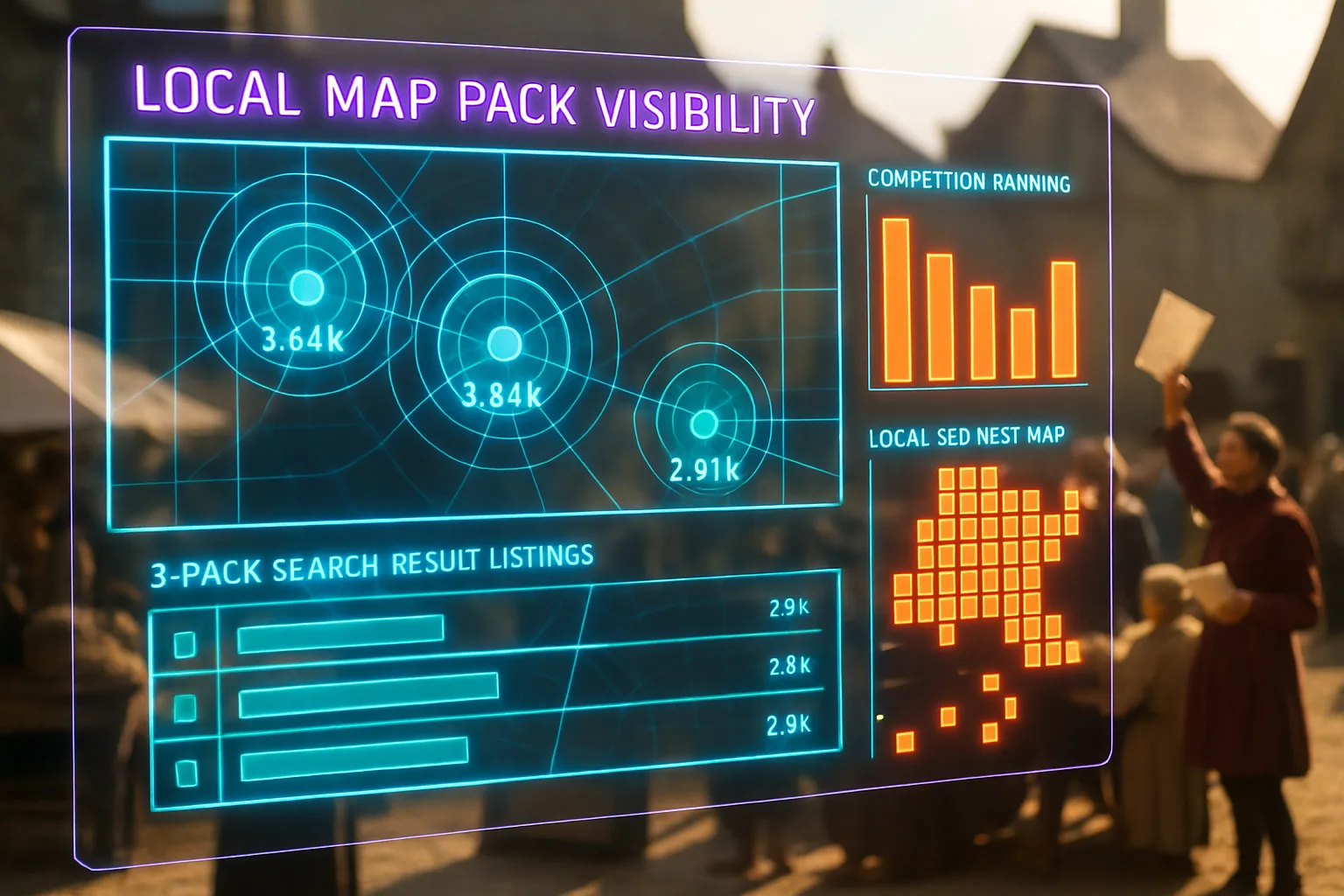 A neon holographic map pack visibility dashboard with turquoise listings and orange competitor rankings glows over a sunlit medieval market square filled with traders.
