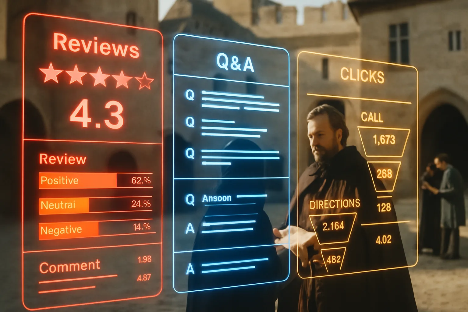 A neon holographic review and engagement dashboard with pink star ratings and amber gold conversion funnels glows over a bright medieval castle courtyard where a nobleman receives a letter.