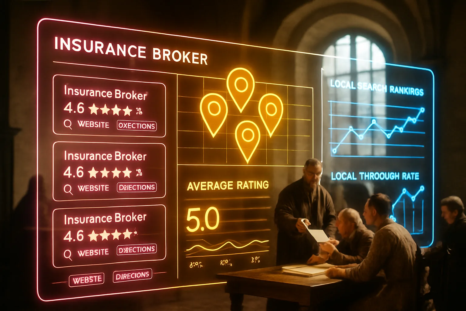A neon holographic Google Business Profile insurance brokers dashboard glows over a sunlit medieval guild hall where a merchant presents documents to seated clients.
