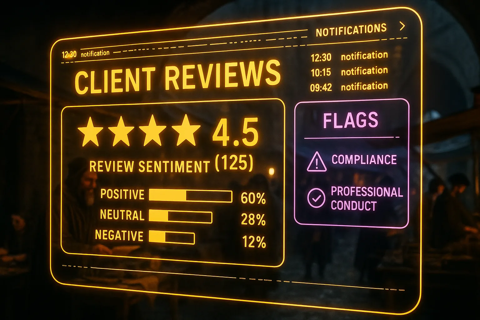 A neon holographic review management dashboard glows with yellow star ratings and purple compliance indicators, with a softly blurred medieval market square visible through the panels.
