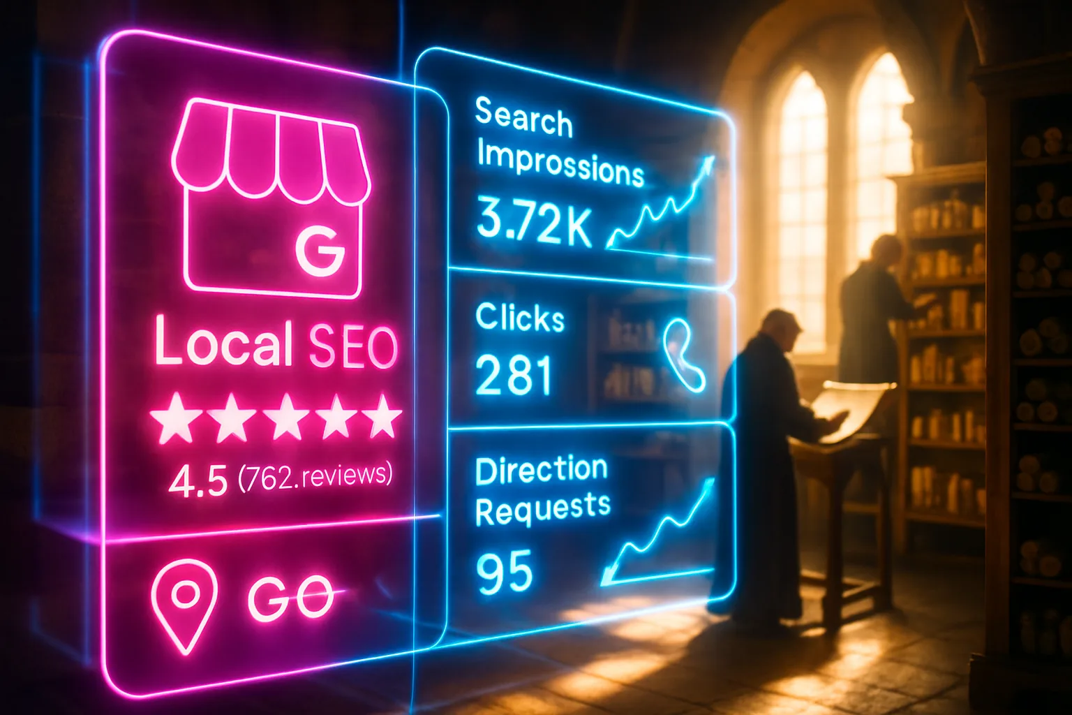 A neon holographic Google Business Profile law firms dashboard glowing in hot pink and electric blue, set against a softly blurred bright sunlit medieval scroll library.