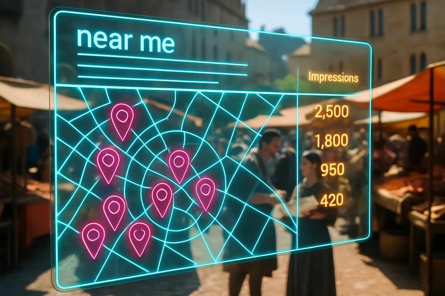 A neon holographic local map search dashboard glowing with magenta and amber panels, with a bustling sunlit medieval market square softly blurred behind it.
