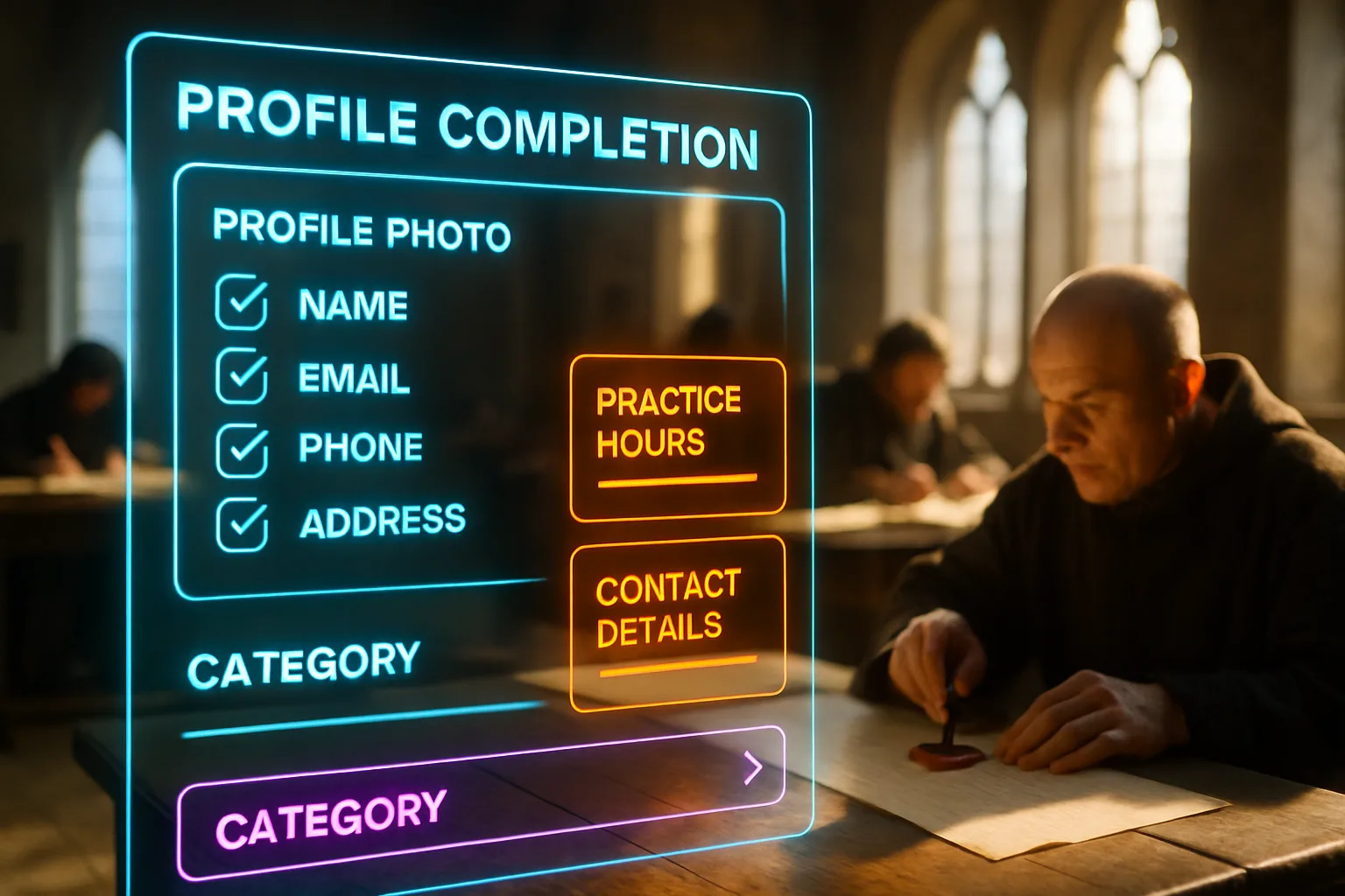 A neon holographic profile completion dashboard glowing with cyan and orange panels, with a bright sunlit medieval scriptorium and scribes softly visible behind it.
