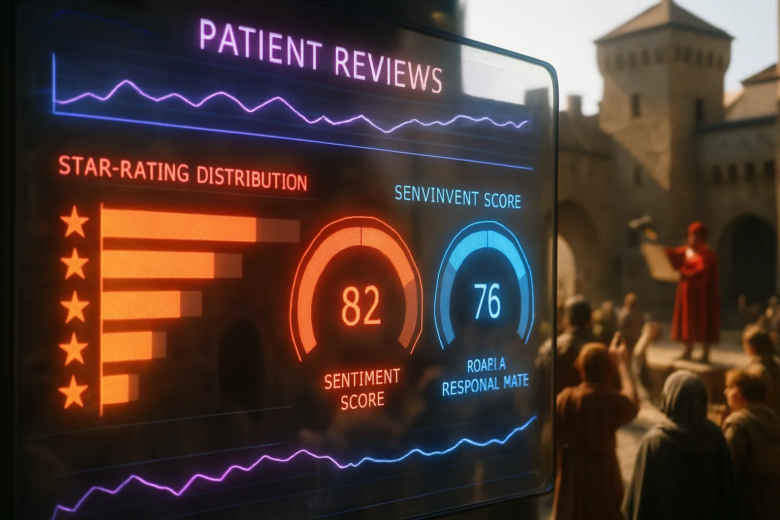 A neon holographic patient review analytics dashboard glowing with red, coral, and electric blue panels, with a sunlit medieval castle courtyard and townsfolk softly blurred behind it.