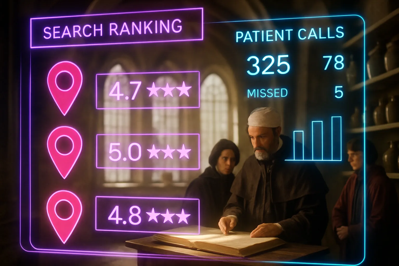 A neon holographic Google Business Profile medical dashboard glowing with hot pink and electric blue panels, with a sunlit medieval guild hall softly visible behind it.
