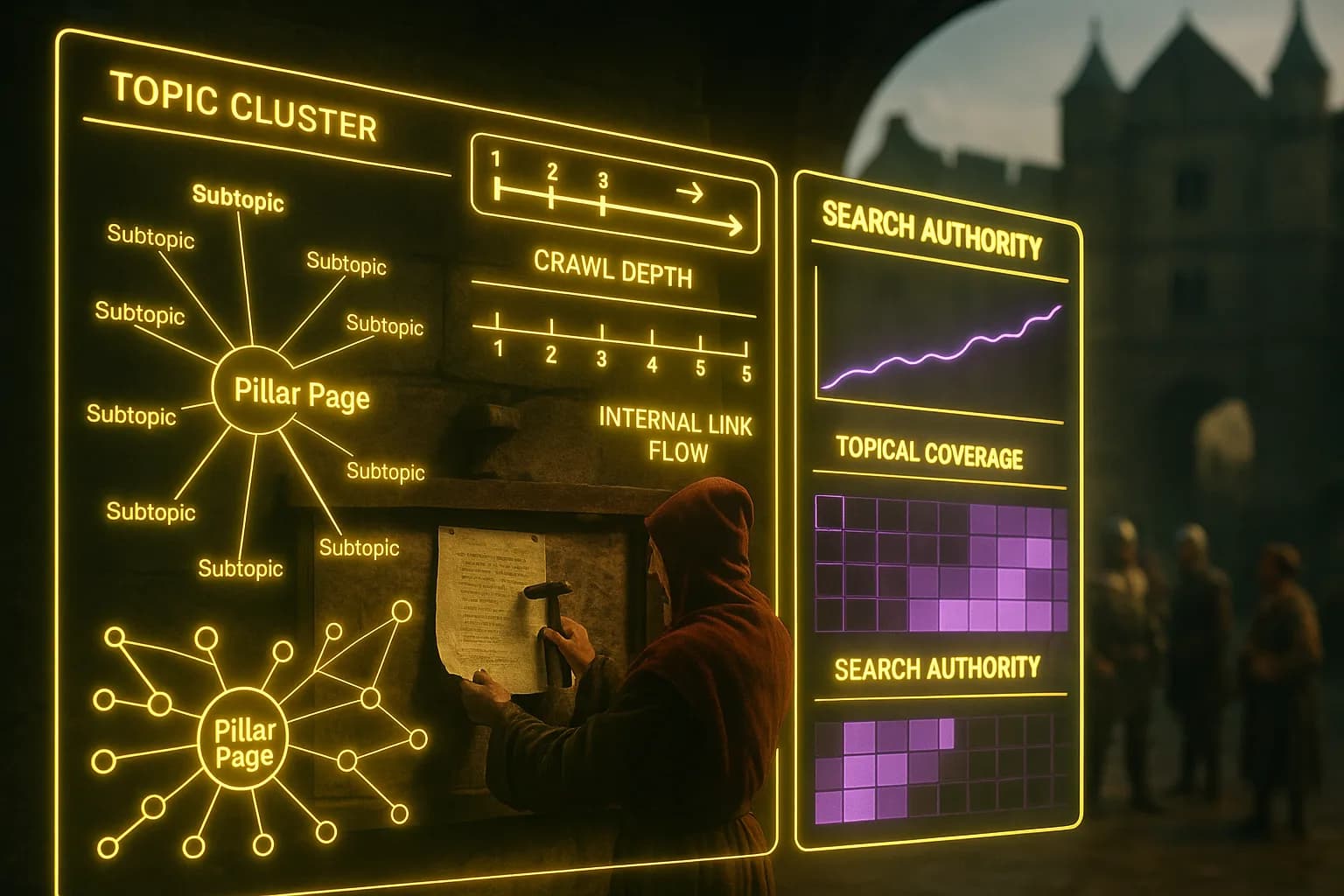A neon yellow and purple holographic topic cluster dashboard with interlinking node maps glows in sharp detail over a softly blurred medieval castle courtyard where a herald posts proclamations to a stone board.