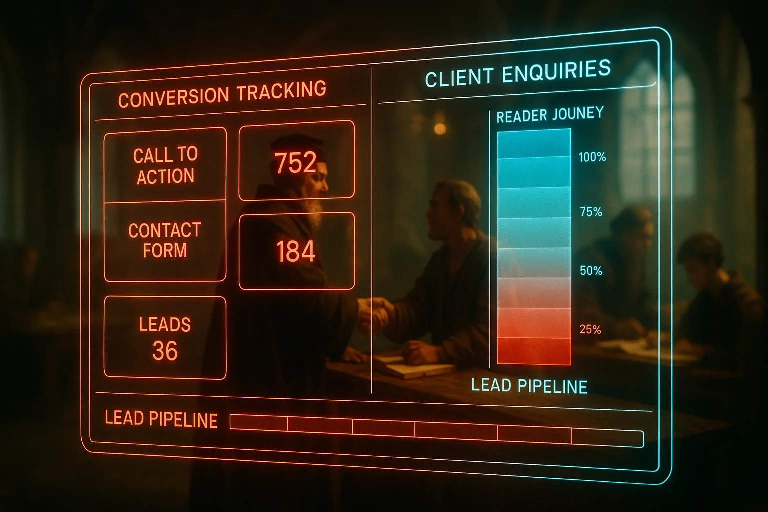 A neon red and cyan holographic conversion tracking dashboard with lead pipeline metrics glows in sharp focus while a guild master and merchant shake hands in a softly blurred medieval guild hall behind the panels.