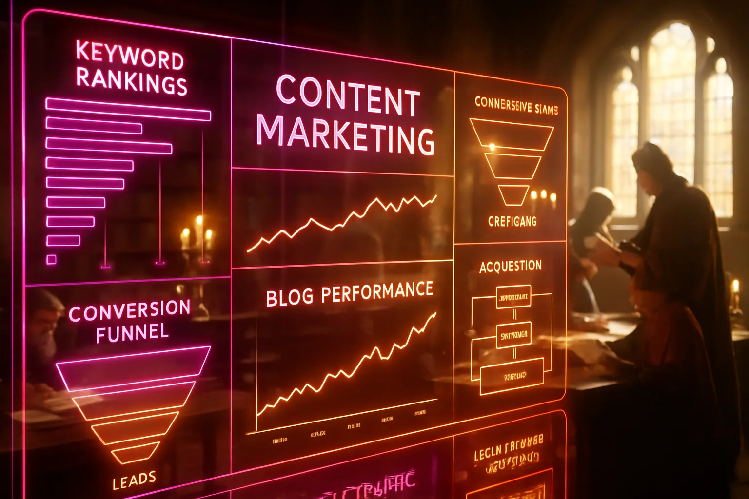 Neon holographic analytics dashboard illustrating law firm content marketing strategy glowing in magenta and amber gold over a bright sunlit medieval banquet hall.
