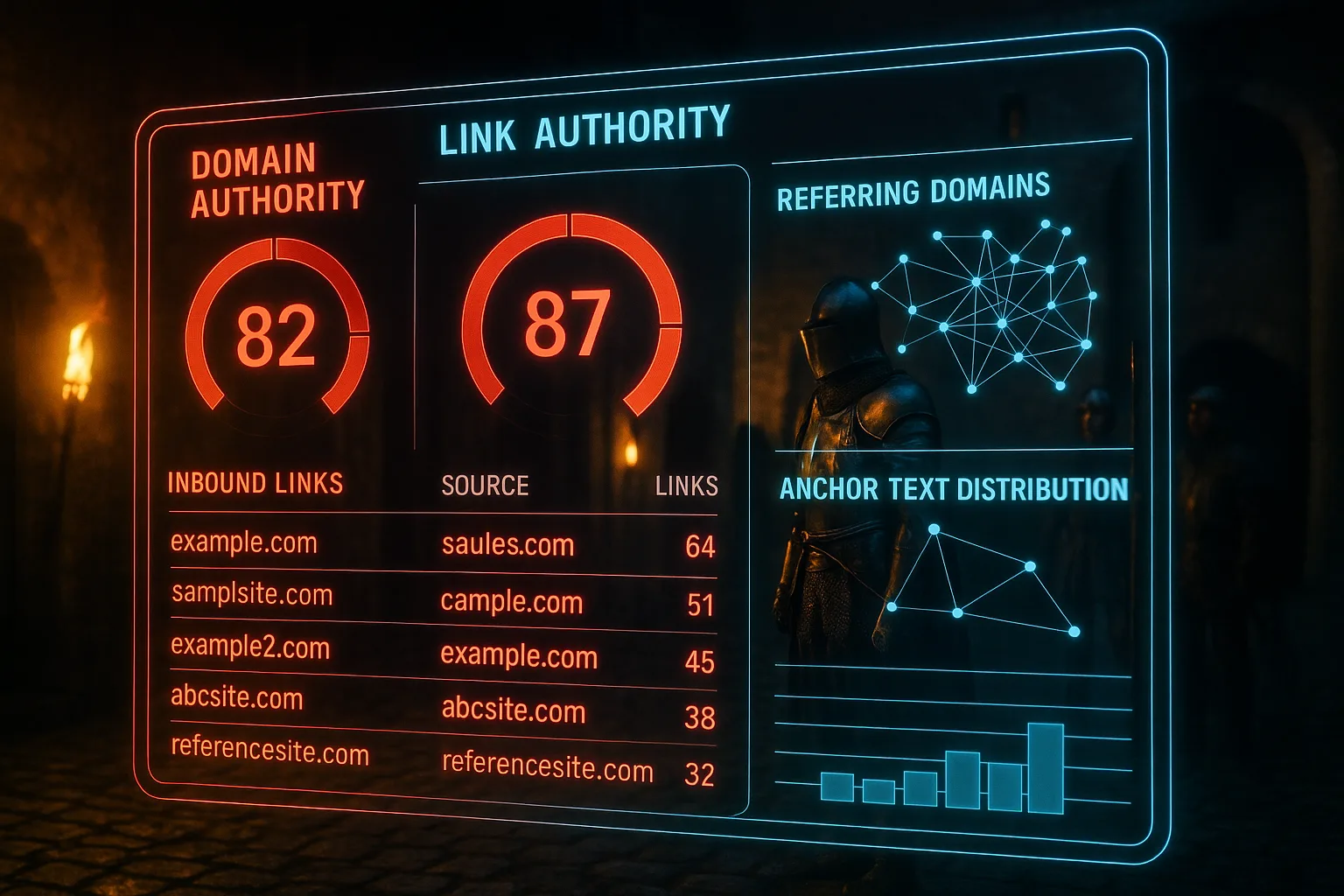A red and cyan neon holographic link-authority analytics dashboard dominates the frame, with a softly blurred medieval castle courtyard scene of a herald and armoured knight visible in the background.