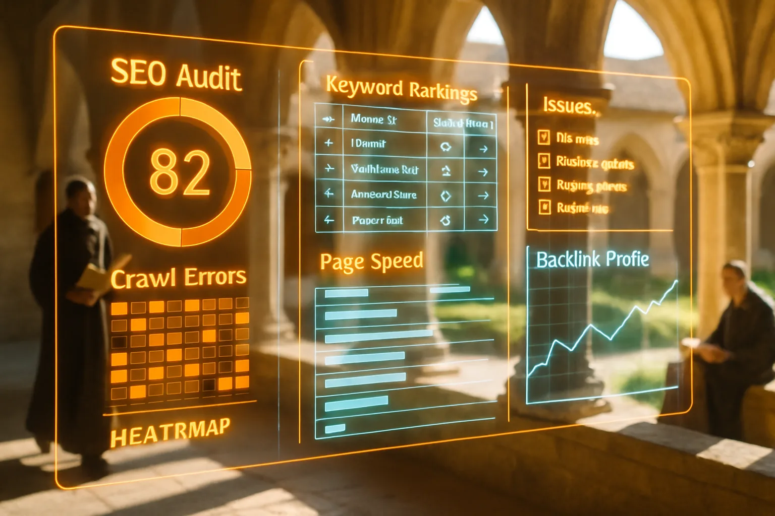 A neon holographic SEO dashboard displaying a law firm SEO audit with orange priority scores and cyan ranking metrics overlaid on a sunlit medieval cloister walk.