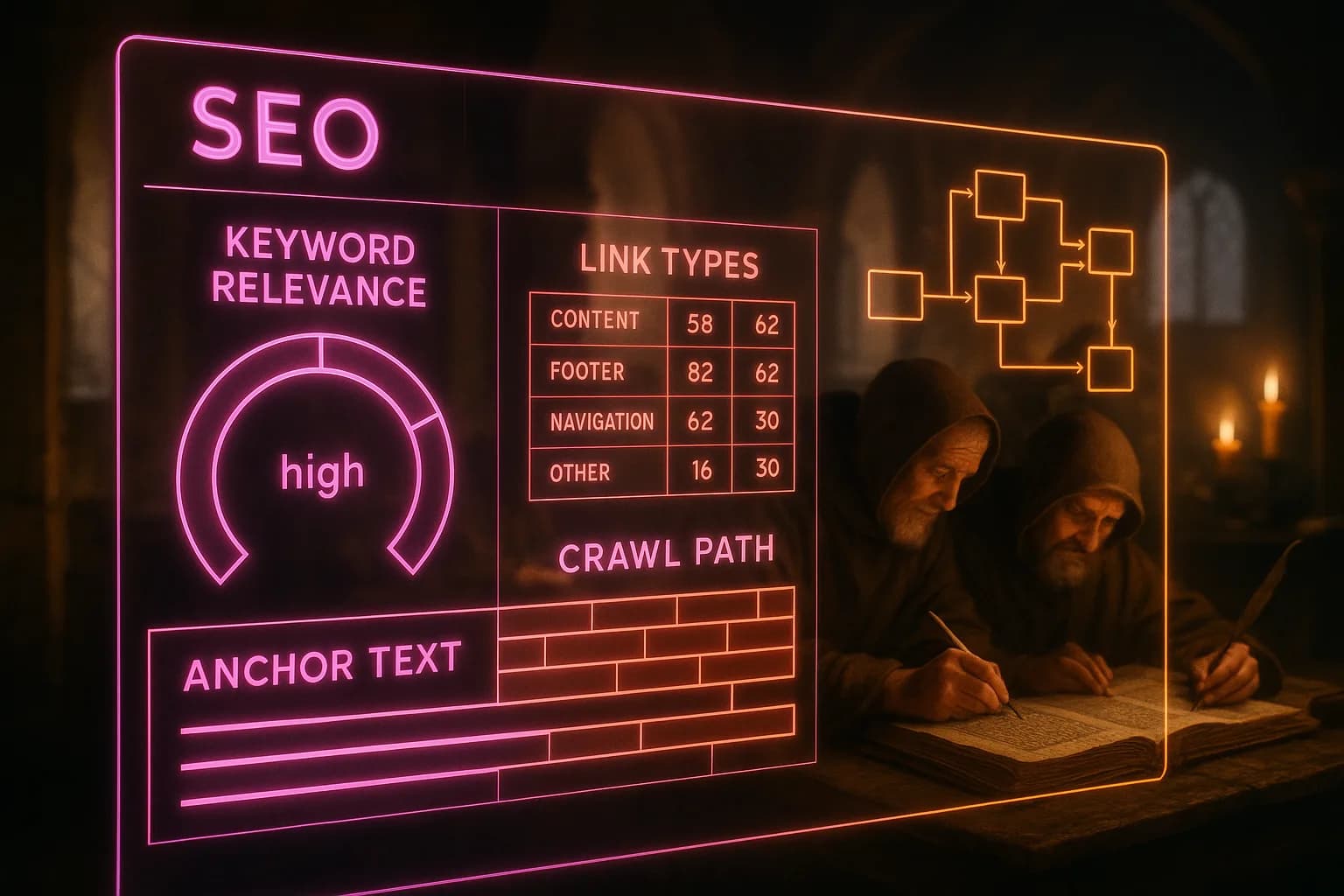 A neon magenta and orange holographic dashboard displaying link-type classifications and keyword-relevance dials glows in front of a softly blurred medieval scriptorium where monks copy illuminated manuscripts.