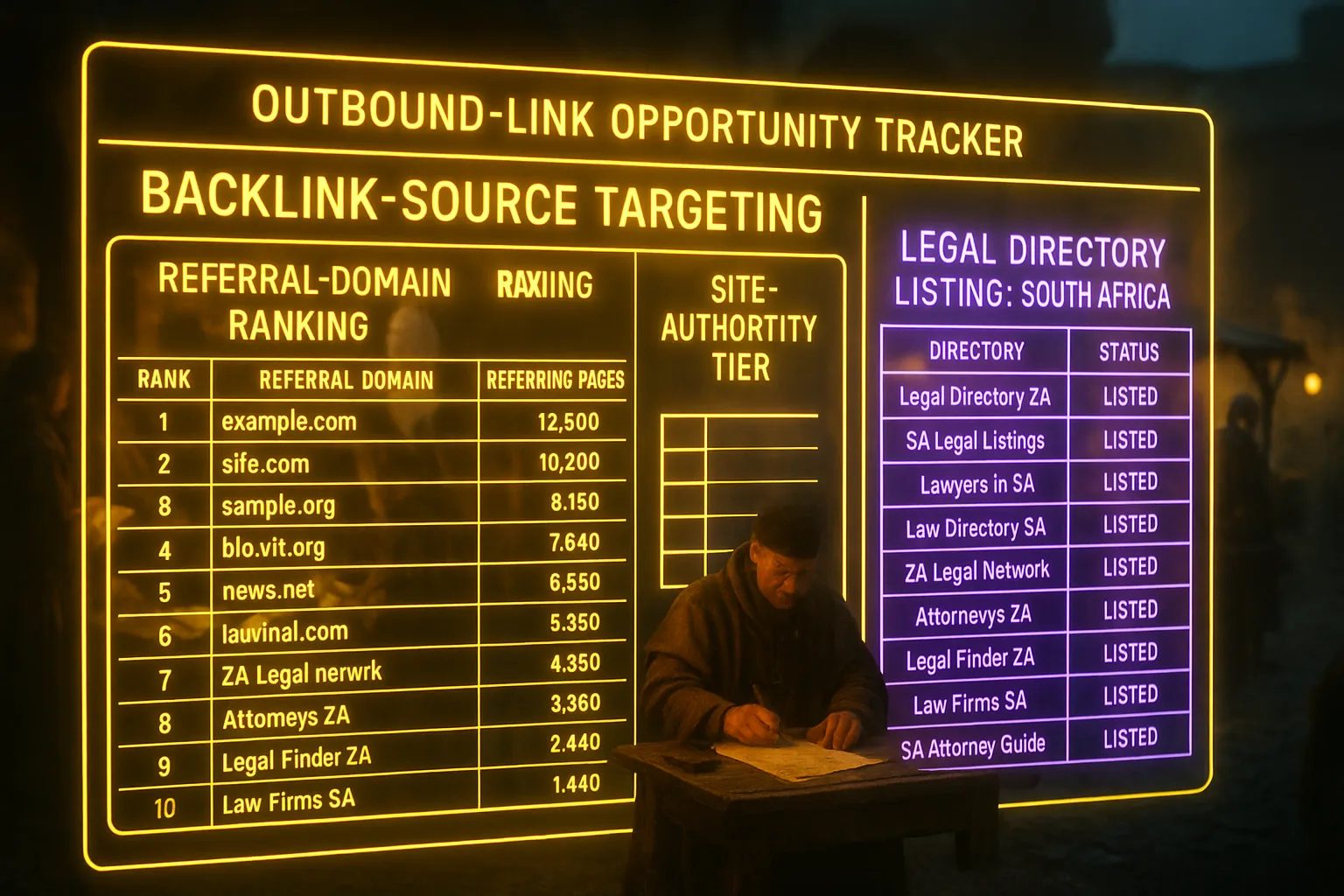 A neon yellow and purple holographic dashboard showing backlink-source targeting tables and legal directory panels glows in front of a blurred medieval market square where merchants negotiate over contracts.