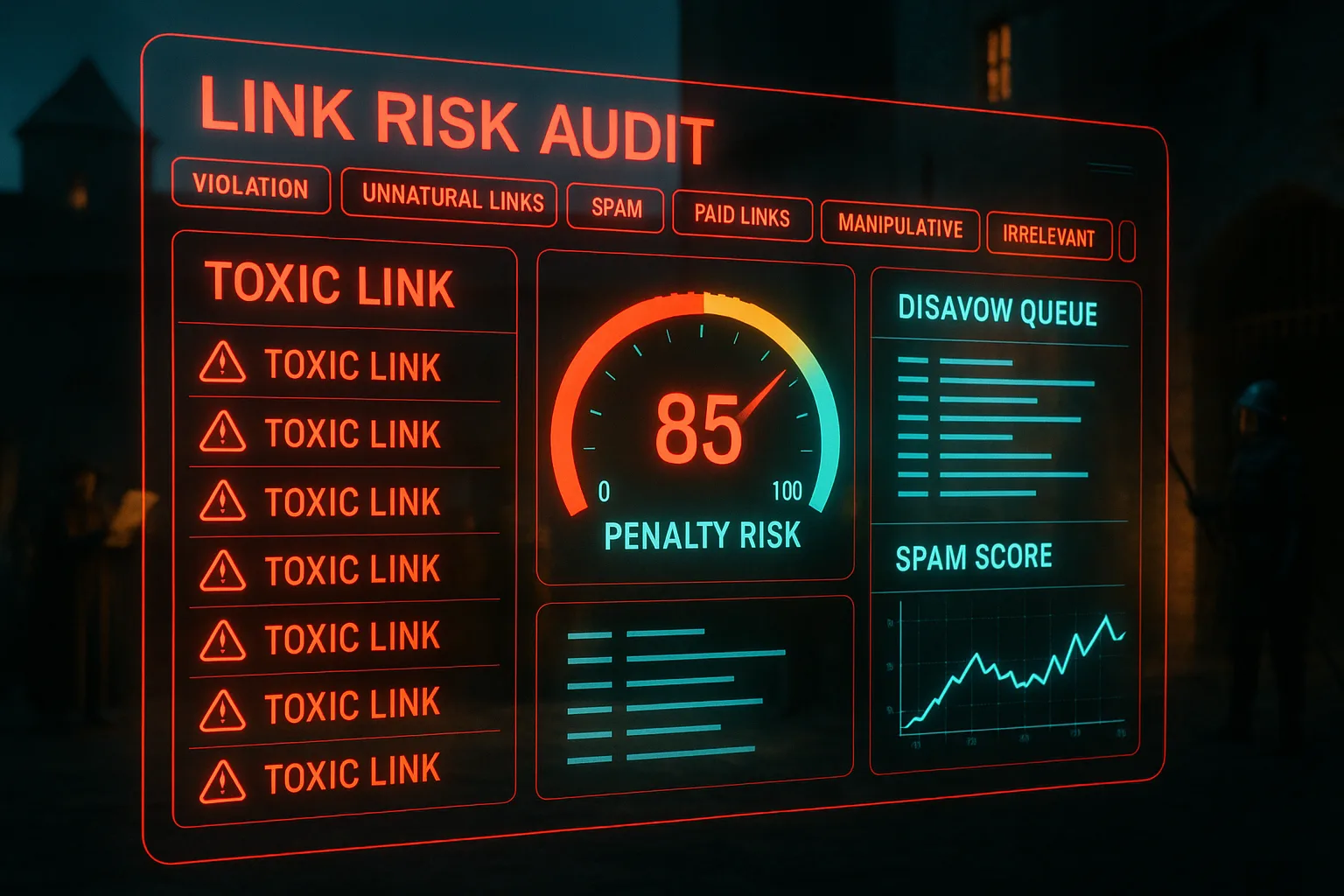 A neon red and cyan holographic dashboard displaying toxic-link warning alerts and disavow-queue lists glows in front of a blurred medieval castle courtyard where a herald reads a decree to assembled figures.