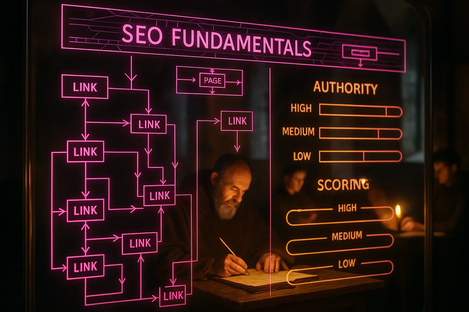 A neon holographic dashboard showing link-flow diagrams and authority scoring overlaid on a softly blurred medieval scriptorium where monks transcribe manuscripts by candlelight.