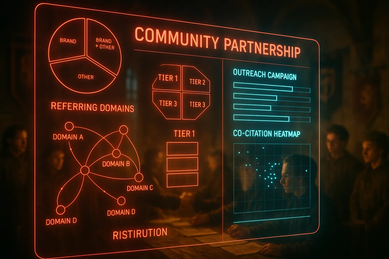 A neon holographic dashboard showing partnership link tracking, outreach progress bars, and anchor text distribution overlaid on a softly blurred medieval guild hall where guild masters sign agreements beneath hanging craft banners.