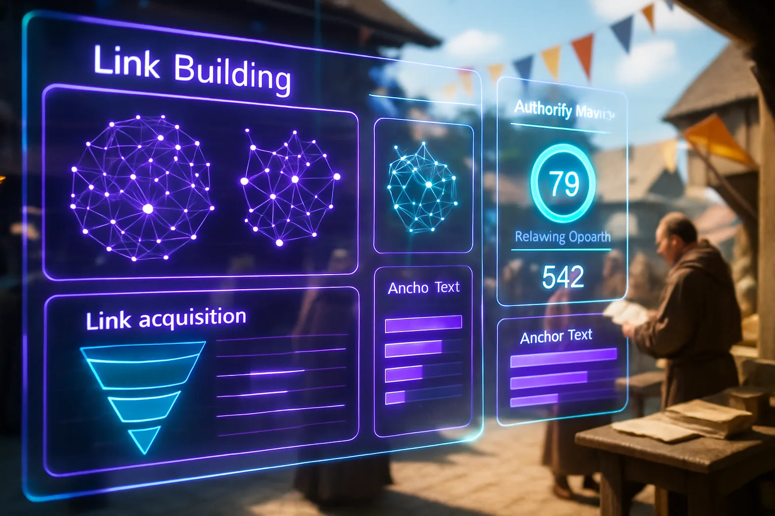 A neon holographic SEO dashboard illustrating law firm link building strategies, set against a bright sunlit medieval town fair background.