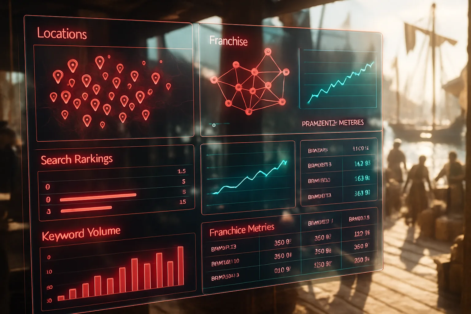 A neon holographic franchise SEO analytics dashboard glowing in crimson and teal, set against a bright sunlit medieval harbour dock.