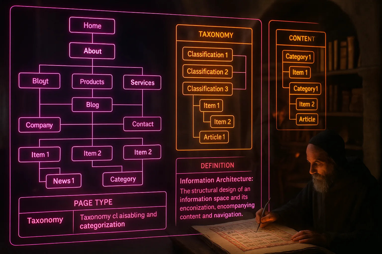 A magenta and orange neon holographic information architecture diagram fills the frame, with a softly blurred medieval scriptorium showing monks organising manuscripts visible in the background.