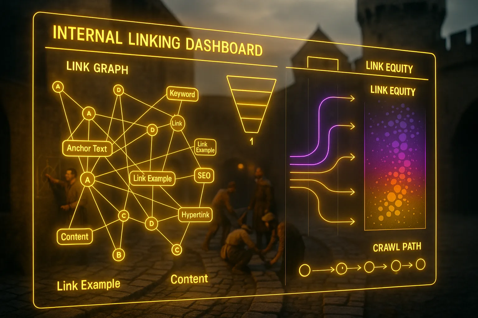 A yellow and purple neon holographic internal linking graph network fills the frame, with a softly blurred medieval castle courtyard showing a mason directing workers laying stone pathways visible behind the panels.