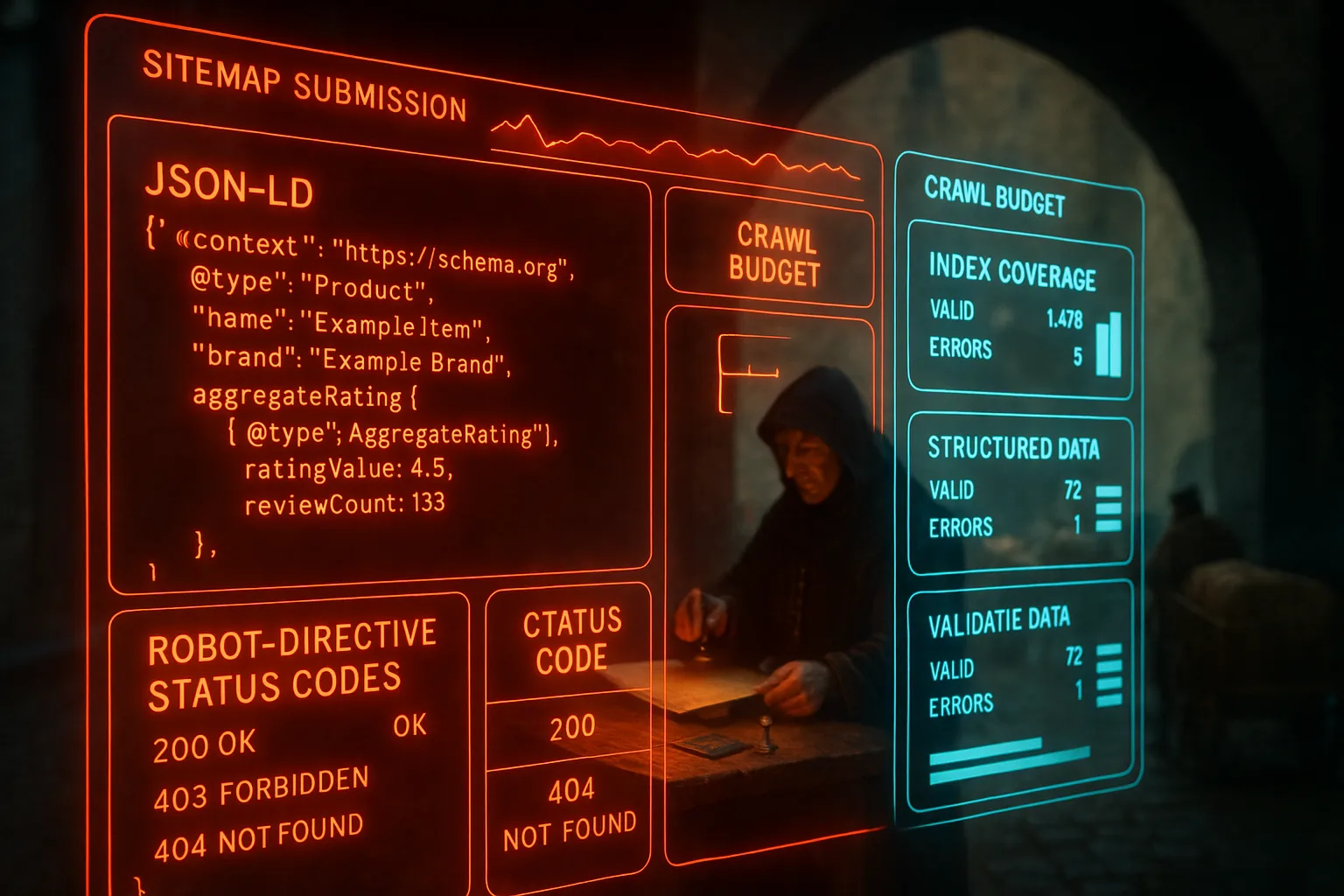 A red and cyan neon holographic crawlability and structured data dashboard fills the frame, with a softly blurred medieval city gate showing an official checking merchant documents visible through the glowing panels.