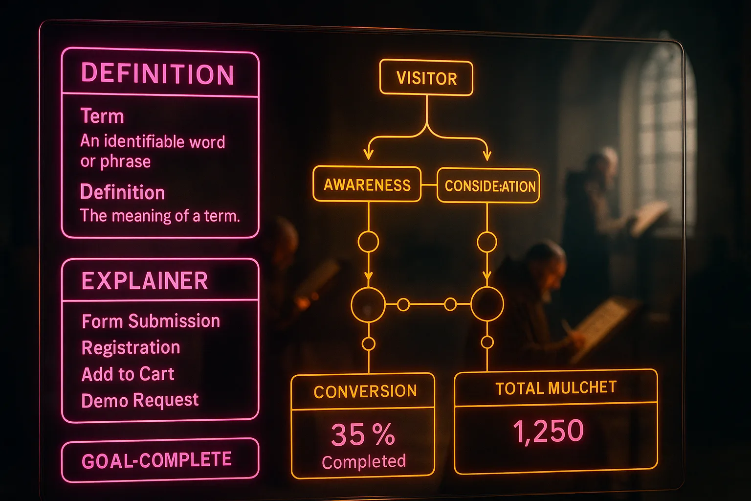 A magenta and orange neon holographic HUD displaying visitor conversion pathways and definition panels glows sharply in the foreground, with a softly blurred medieval scriptorium and monks writing at desks visible behind it.