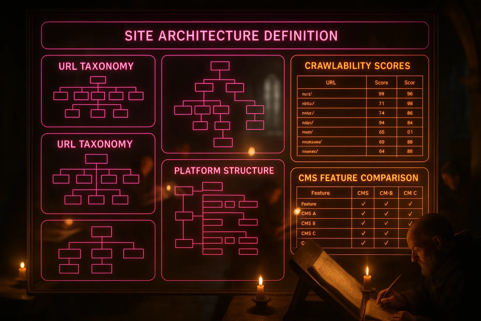 A magenta and orange neon holographic dashboard displaying site architecture diagrams and CMS taxonomy trees, with a softly blurred medieval scriptorium of monks copying manuscripts visible behind the glowing panels.