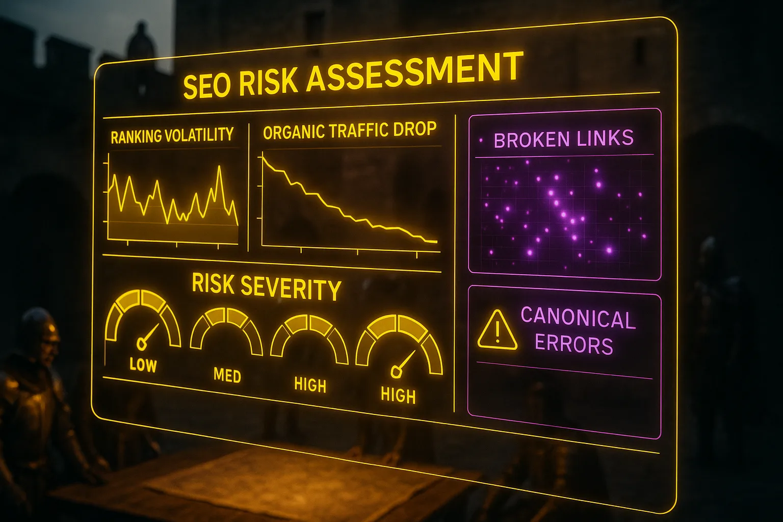 A yellow and purple neon holographic dashboard showing ranking volatility graphs and broken link heatmaps, with a softly blurred medieval castle courtyard scene of knights planning strategy visible through the glowing HUD panels.