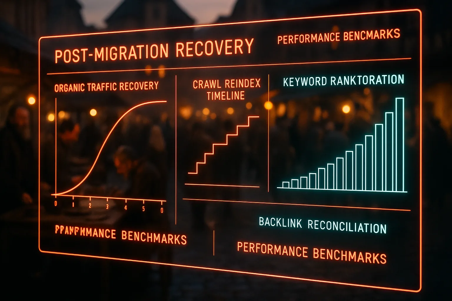 A red and cyan neon holographic dashboard displaying post-migration traffic recovery curves and keyword ranking restoration charts, with a softly blurred medieval market square of merchants and crowds visible behind the glowing panels.