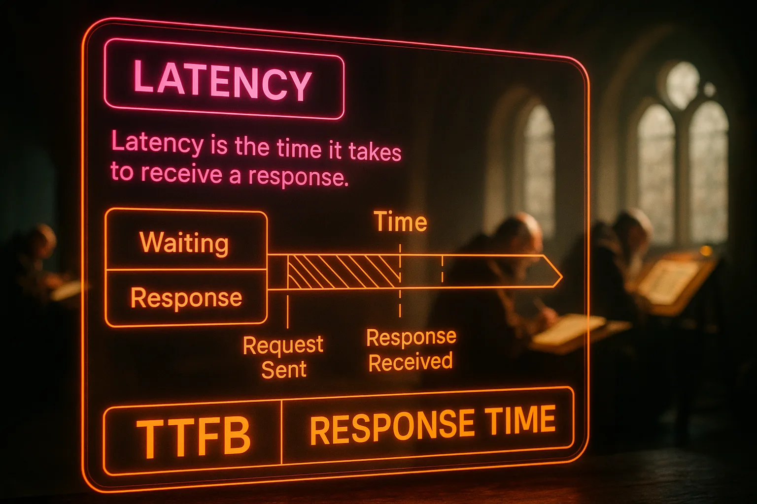 A neon magenta and orange holographic dashboard displaying latency and timeline definitions, with two monks working at manuscript desks in a softly blurred medieval scriptorium behind the panels.