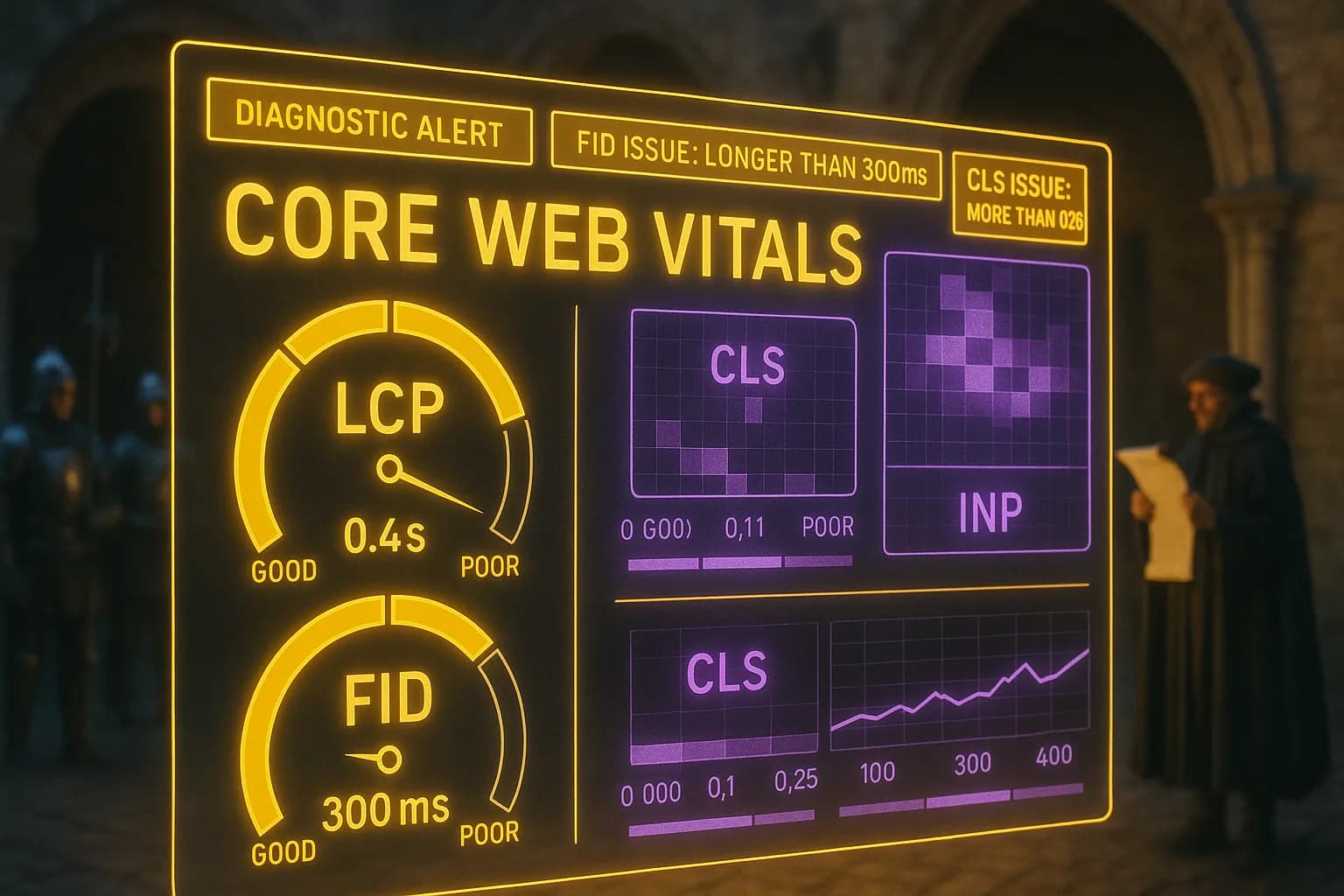 A neon yellow and purple holographic Core Web Vitals dashboard showing LCP rings and CLS heatmaps, with armoured guards and a herald in a softly blurred medieval castle courtyard behind the glowing panels.