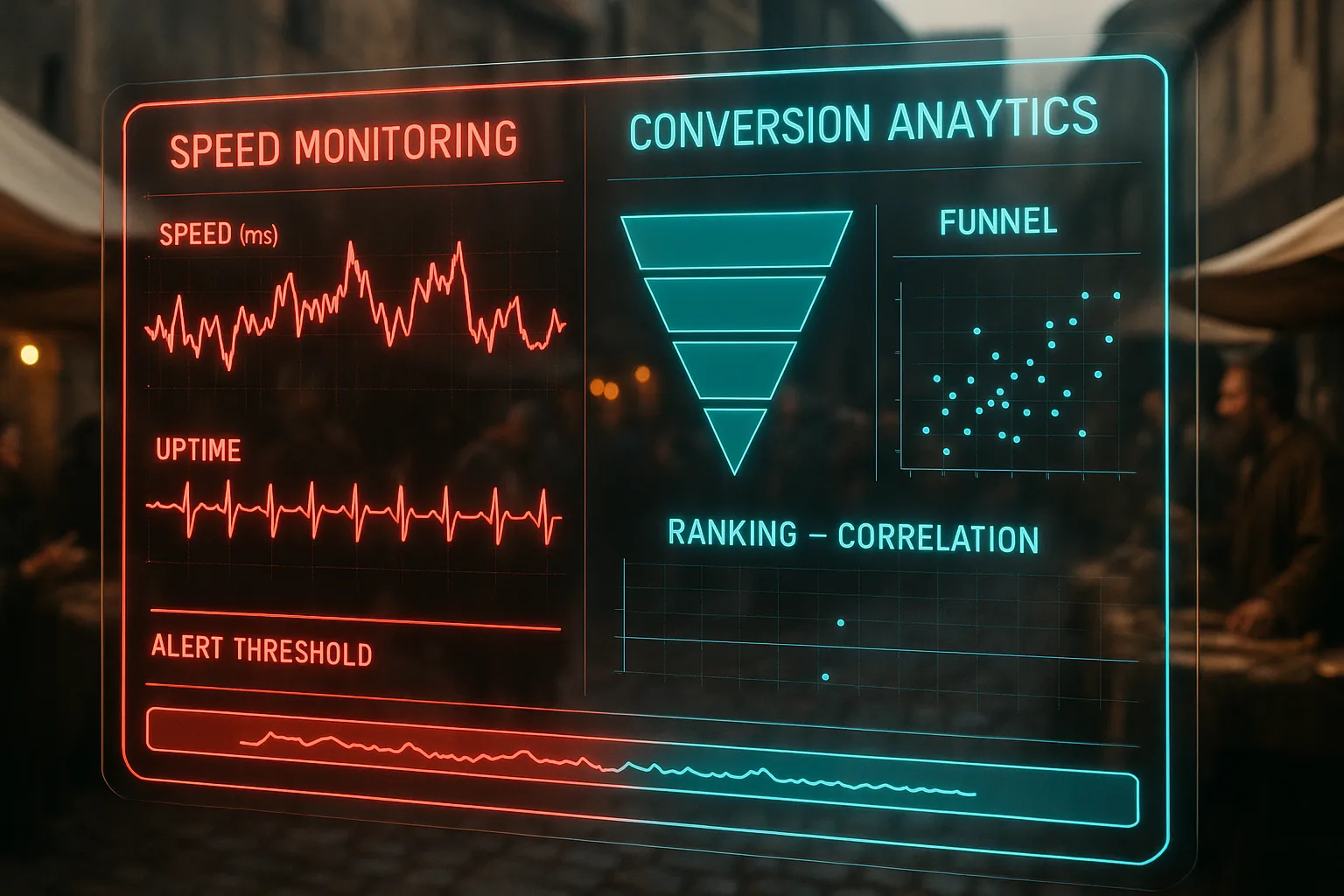 A neon red and cyan holographic monitoring dashboard displaying real-time performance graphs and conversion funnel charts, with merchants and shoppers in a softly blurred medieval market square behind the glowing screens.