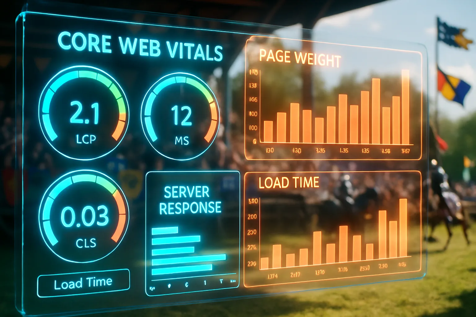 A neon holographic analytics dashboard illustrating website speed metrics glows in electric blue and coral orange against a bright sunlit medieval tournament field.