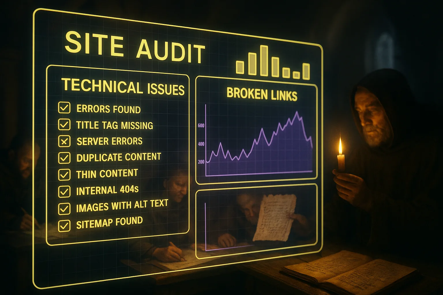 A neon holographic site-audit dashboard glowing with yellow and purple panels fills the frame before a softly blurred medieval scriptorium, showing monks inspecting damaged manuscripts while technical checklists and broken-link graphs glow across the HUD.