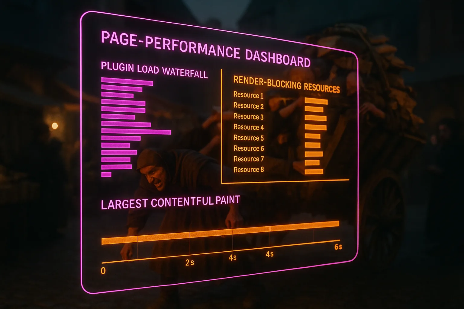 A neon holographic page-performance dashboard glowing with magenta and orange panels fills the frame in front of a softly blurred medieval market square, where a merchant's overloaded cart buckles while plugin-load waterfall charts and render-blocking resource lists glow across the HUD.